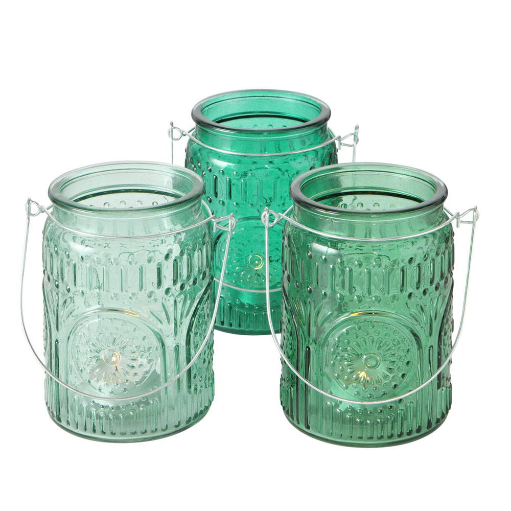 3tlg. Windlicht GREEN GARDEN grün H15cm aus Glas zum